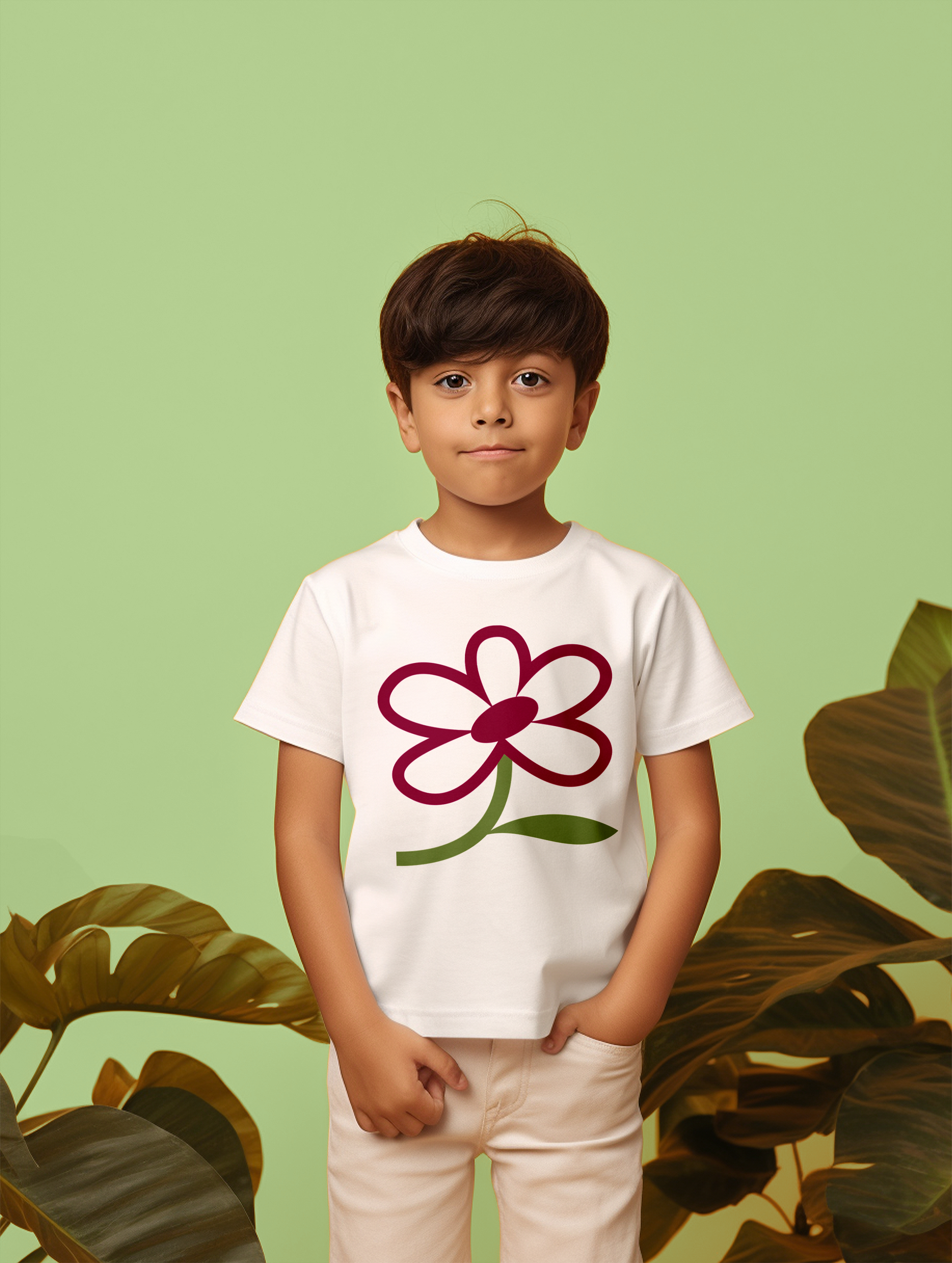 Bloom Scholars student wearing a branded t-shirt surrounded by greenery